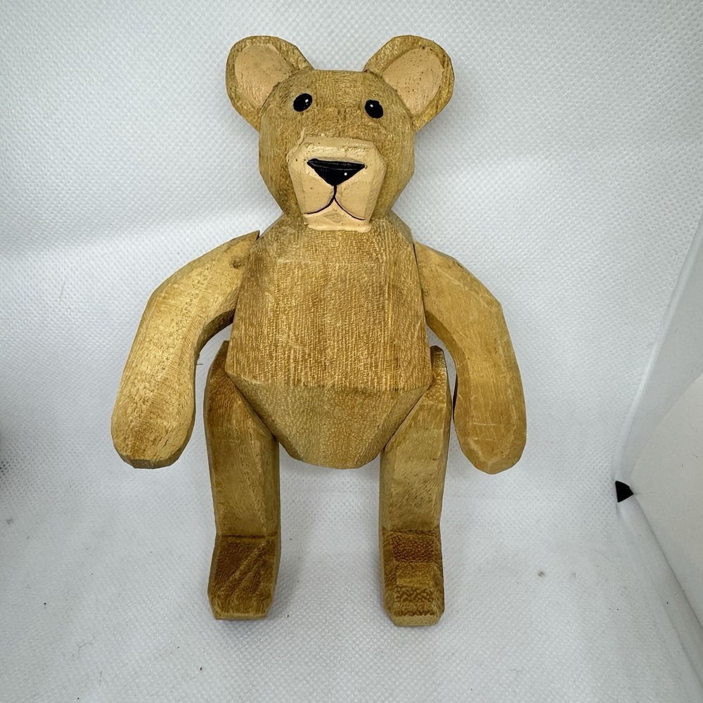 Vintage Wooden Hand Carved Teddy Bear‎ Statue 6..5" Figurine Sculpture Folk Art